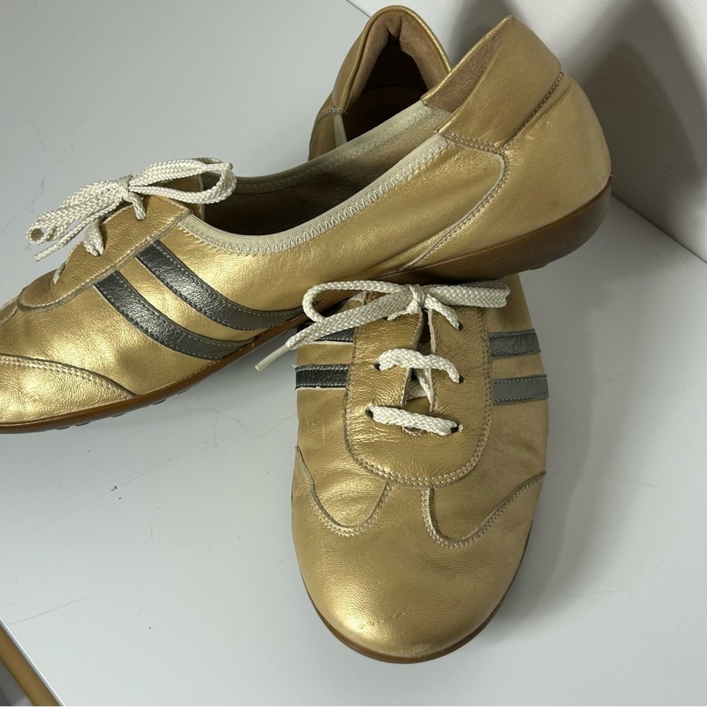 Sesto Meucci Leather Metallic Gold Lace Up Sneakers with Dark Stripes - Picture 10 of 16